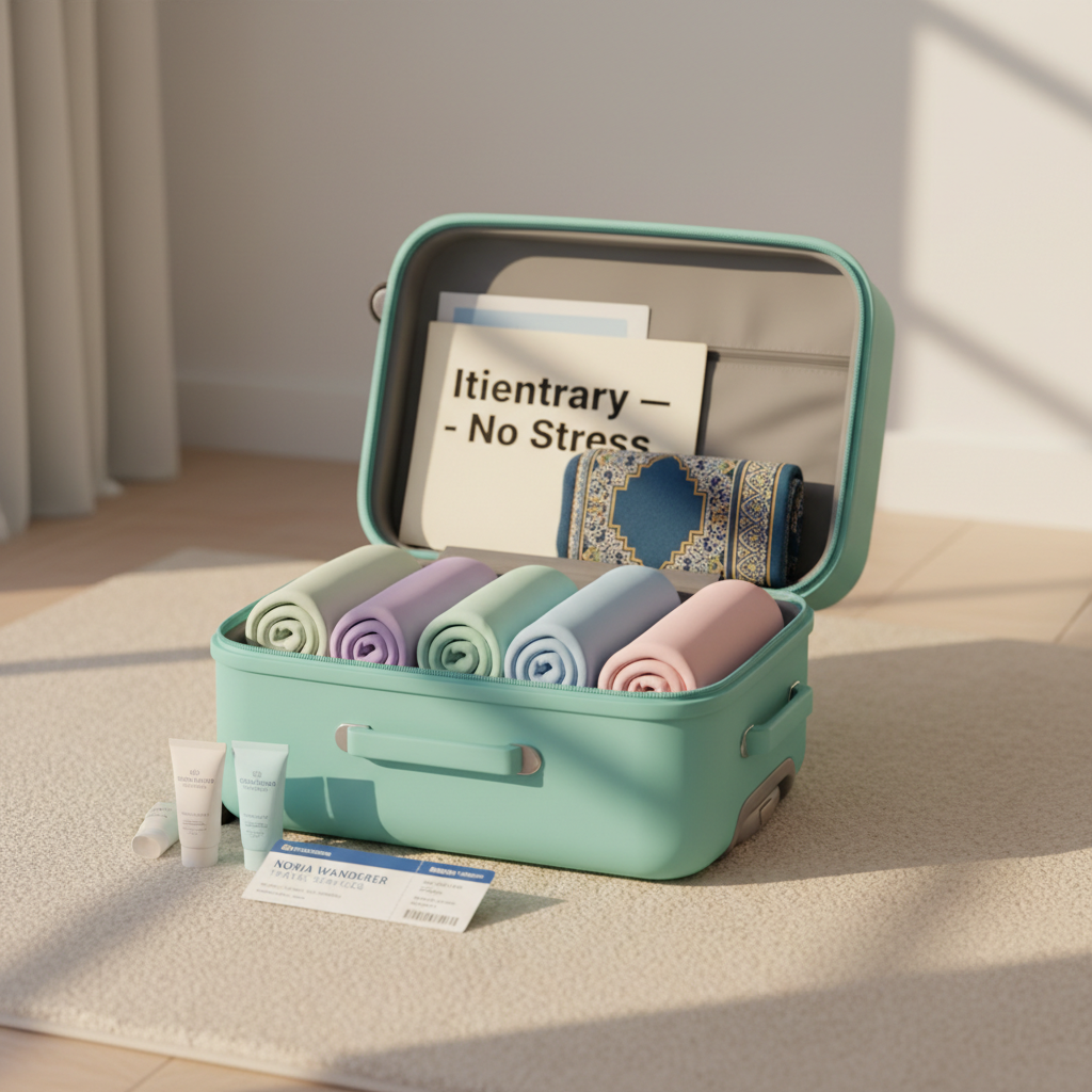 A cheerful, compact teal suitcase with rounded corners and a smooth matte finish, standing slightly open on a plush cream rug in a minimalist room. Inside, neatly rolled pastel-colored clothes, a small prayer rug with intricate geometric patterns, and a labeled folder marked “Itinerary – No Stress” peek out. Around it, curved-edged travel-sized bottles and a glossy boarding pass with “Noria Wanderer Travel Services” appear. Warm golden-hour light filters across the scene, creating soft highlights on the suitcase edges and subtle shadows that curve gently. The atmosphere is calm yet excited, evoking ease and readiness. Shot at eye-level with a centered composition and moderate depth of field, everything is clearly visible but softly framed. Photographic, bright, and playful, conveying organized, faith-conscious, worry-free travel.