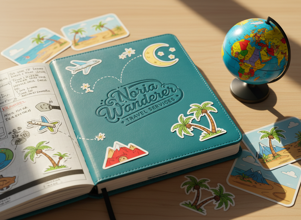 A vibrant, oversized travel planner notebook with a turquoise faux-leather cover embossed with the playful logo “Noria Wanderer Travel Services,” lying open on a smooth light-wood desk. Colorful stickers of airplanes, palm trees, and crescent moons decorate the pages, surrounded by rounded-edge postcards and a glossy world globe with bright, saturated countries. Late-morning sunlight pours in from an unseen window, casting soft, curved shadows and gentle highlights across the glossy surfaces. The mood is energetic and optimistic, suggesting stress-free, well-organized adventures. Captured from a slightly elevated angle with a shallow depth of field, the central notebook is in crisp focus while the background softly blurs. Photographic realism with whimsical composition and bright colors, emphasizing joyful, carefully arranged travel experiences.